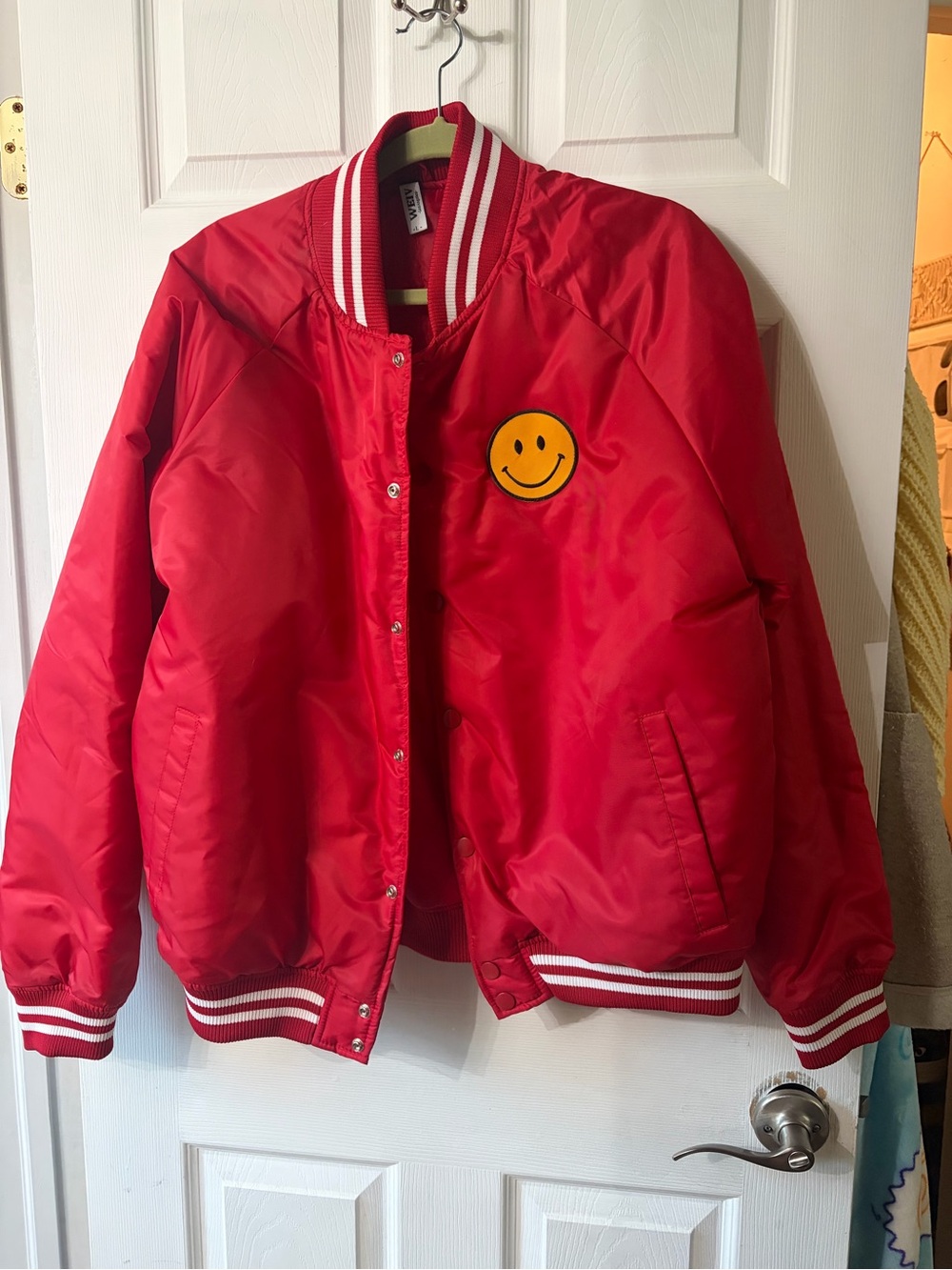 Red Puffy Bomber Jacket with Smiley Patch - Unbranded